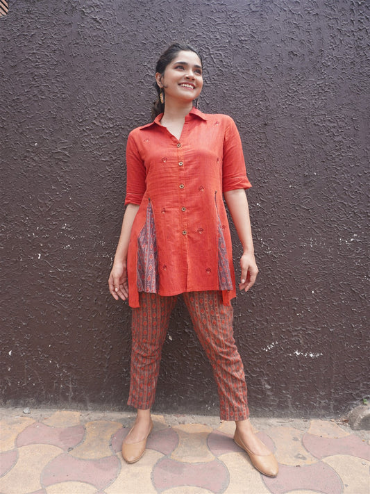 Orange Khadi Kali Front Open Tunic With Kantha Hand Embroidery Detailing