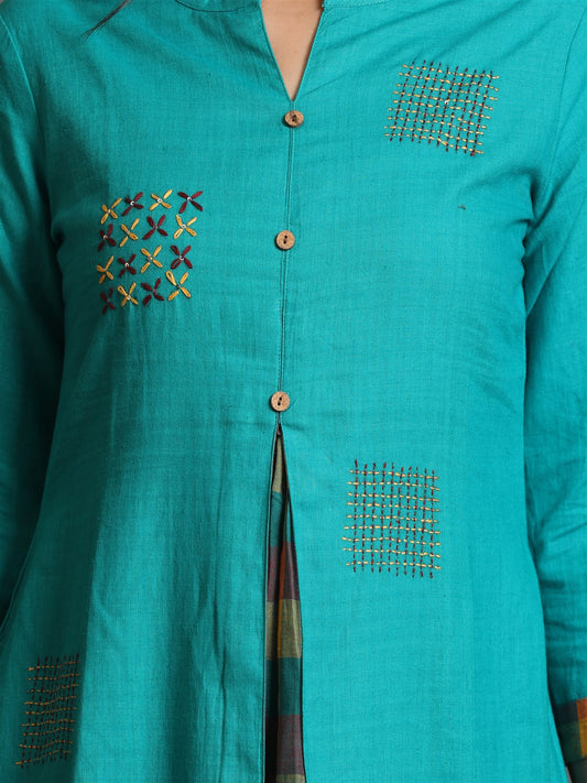 Turquoise Multicolour Checks Kali Handwoven Kurta with Hand Embroidery Butas