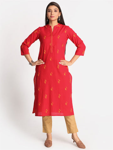 Red Straight fit Cotton Kurta with Hand Embroidery Butis