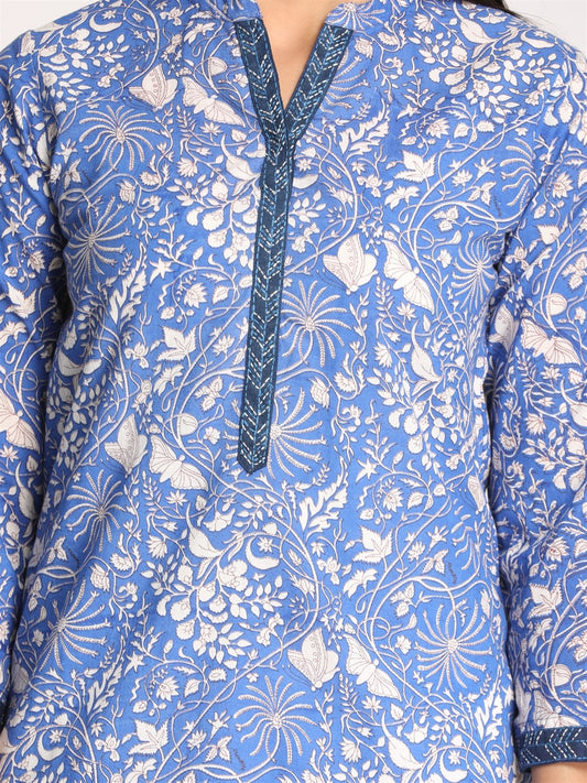Blue Printed Cotton Kurta with Hand Embroidery Detailing