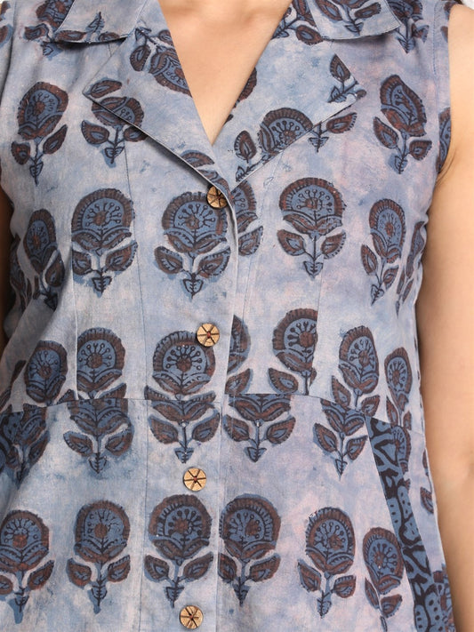 Blue Ajrakh Print Cotton Shirt Collar Sleeveless Dress
