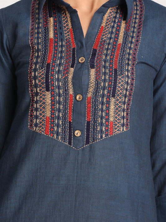 Blue Handwoven Kurta with Hand Embroidery Detailing