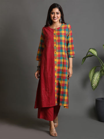 Multicolor-Maroon Khadi Half Half Front Open Kurta With Kantha Hand Embroidery Detailing
