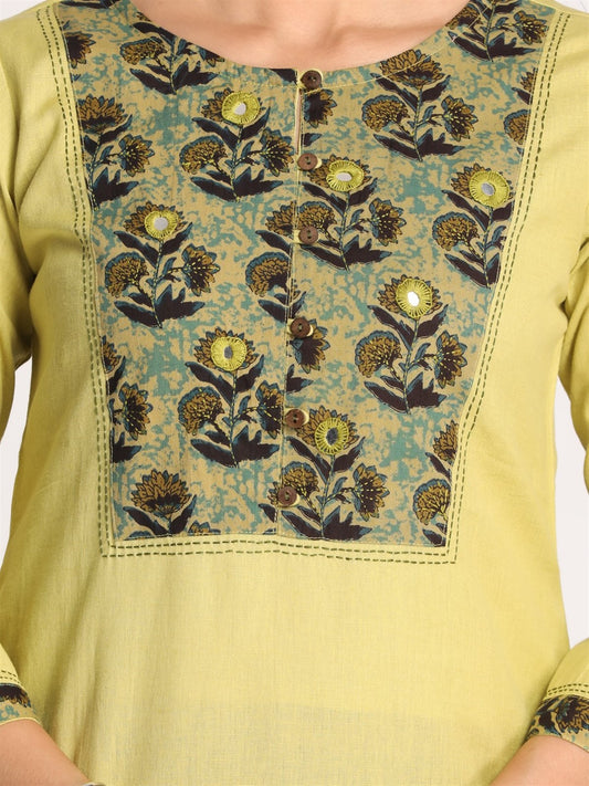 Lime Cotton Kurta With Hand Embroidered And Mirror Work