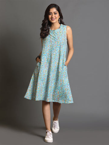 Turquoise Block-Printed Bias Dress