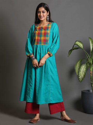 Green Handwoven Pleated Kurta With Multi-Color Yoke And Mirror Work