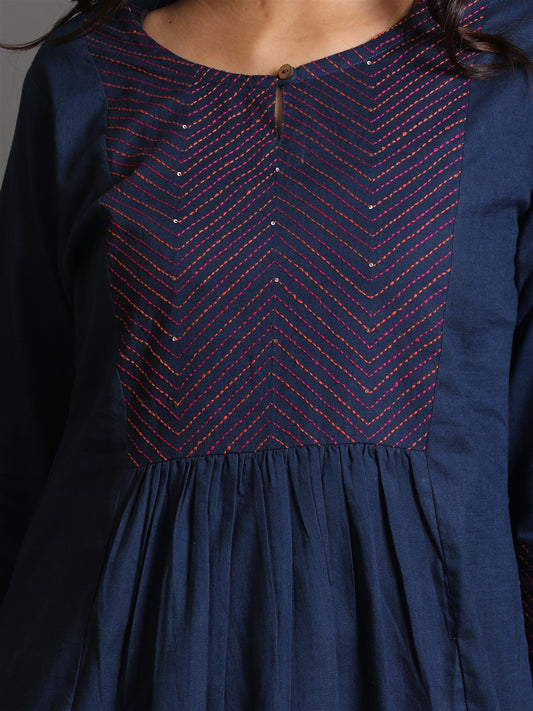 Indigo Cotton Kurta With Hand Embroidered Yoke