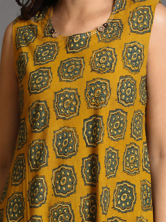 Mustard Ajrakh Bias Dress with Hand Embroidery Detailing