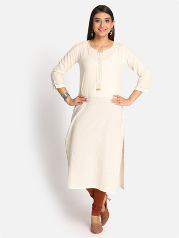 Ivory Straight Kurta With Kantha Hand Embroidery Detailing
