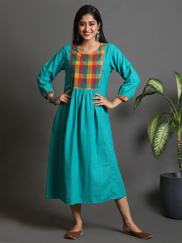 Green Handwoven Pleated Kurta with Multicolour Checks