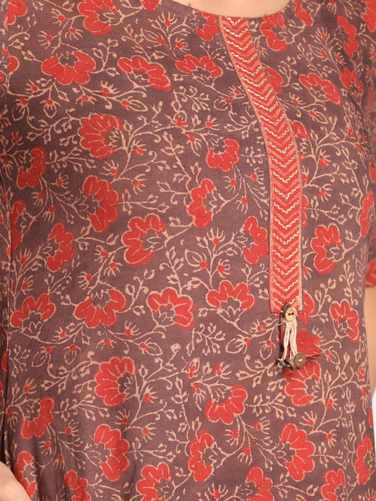 Brown Ajrakh Asymmetrical Kurta With Hand Embroidery Detailing