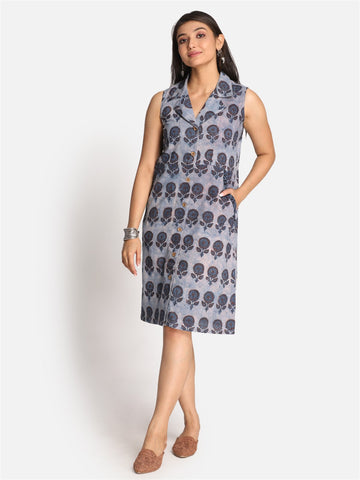 Blue Ajrakh Print Cotton Shirt Collar Sleeveless Dress