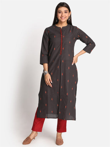 Black Cotton Zari Booti Kurta With Kantha Hand Embroidery Detailing