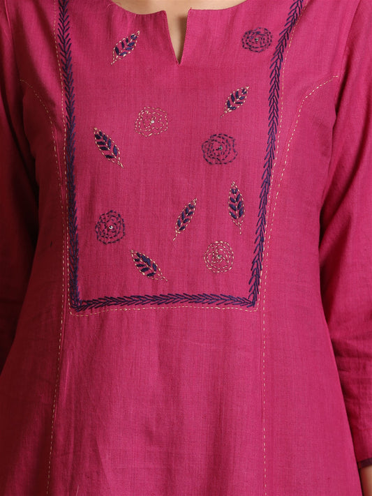 Magenta A-Line Panel Khadi Kurta With Kantha Hand Embroidery