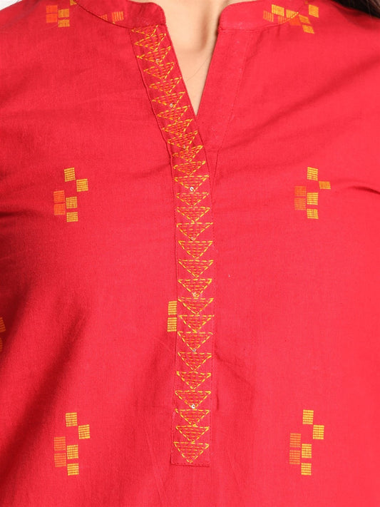Red Straight fit Cotton Kurta with Hand Embroidery Butis