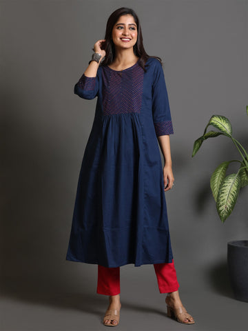 Indigo Cotton Kurta With Hand Embroidered Yoke