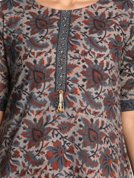 Indigo Ajrakh Asymmetrical Cotton Kurta with Hand Embroidery Detailing