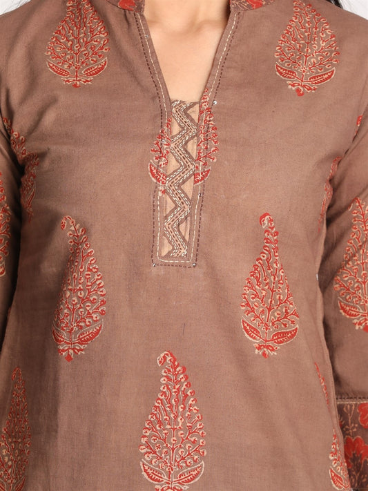 Brown Ajrakh Printed Kurti with Hand Embroidery Detailing
