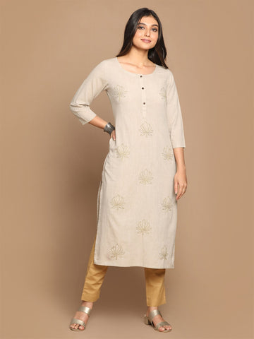 Beige All Over Kantha Hand Embroidered Cotton Kurta