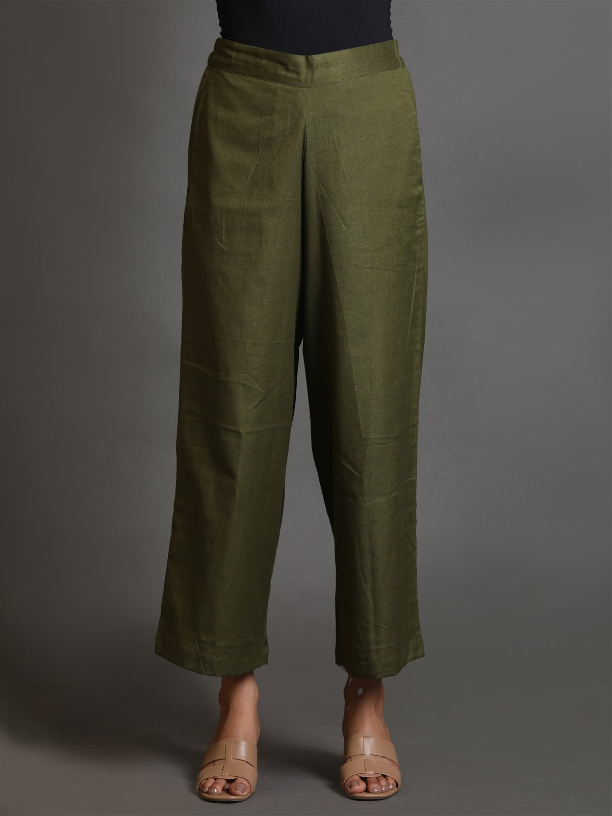 Olive-Green Cotton Flared Pant