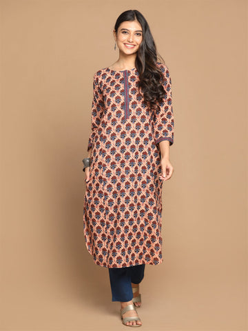 Maroon Ajrakh Block Printed Kurta With Hand Embroidered On Placket