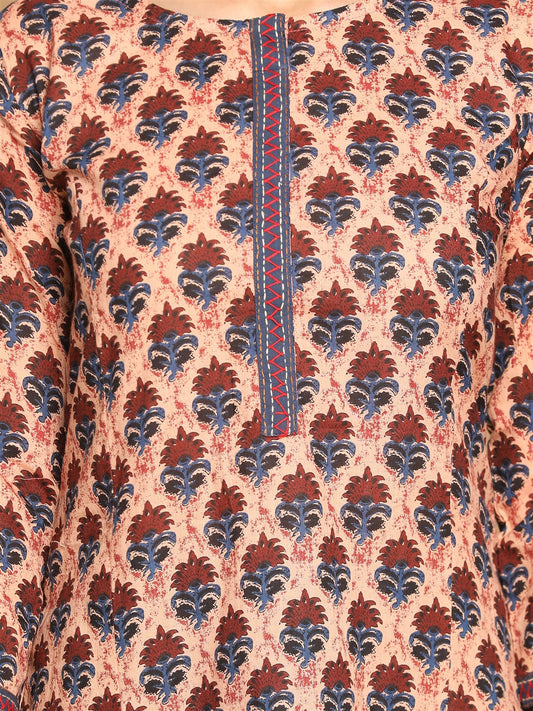 Maroon Ajrakh Block Printed Kurta with Hand Embroidery Detailing