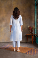 White-Blue Striped Hand Embroidered Cotton Three Panel Kurta Set (set of 2)