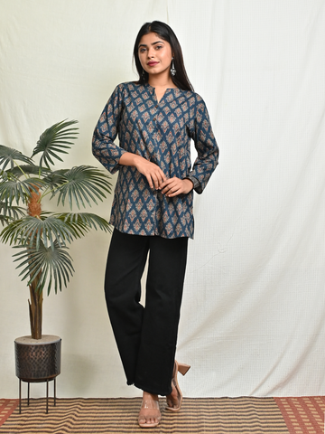 Indigo Ajrakh Printed Shirt Top