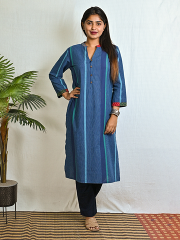 Blue Stripes Straight Cut Kurta With Kantha Hand Embroidery