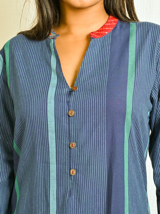 Blue Stripes Straight Cut Kurta With Kantha Hand Embroidery