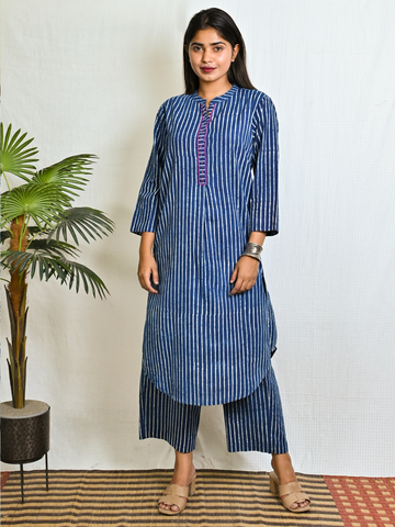 Indigo- Stripe Block Printed Co-ord Set