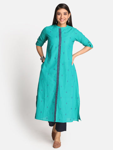 Turquoise Blue Printed Dobby Kurta With Kantha Hand Embroidery