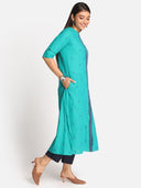 Turquoise Printed Hand Embroidered Dobby Kurta