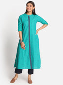 Turquoise Printed Hand Embroidered Dobby Kurta