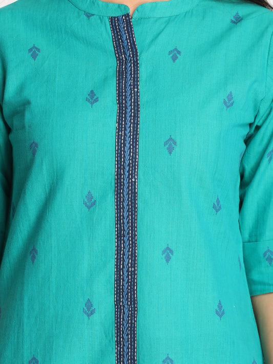 Turquoise Blue Printed Dobby Kurta With Kantha Hand Embroidery