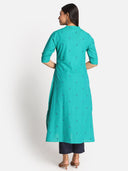 Turquoise Printed Hand Embroidered Dobby Kurta