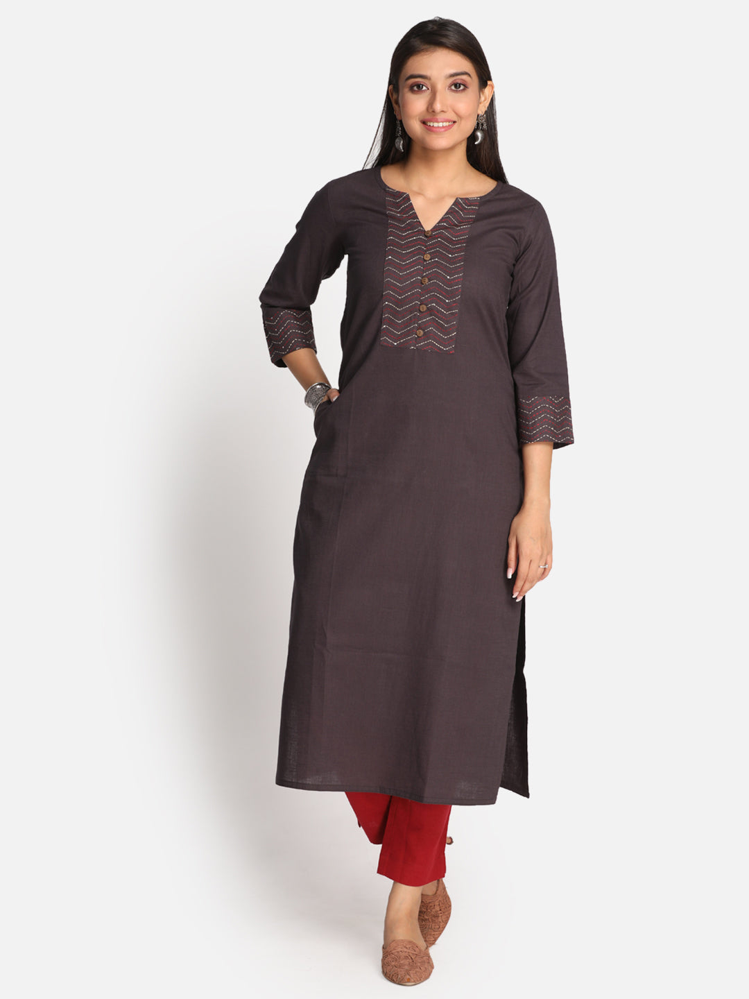 Grey Pure cotton Straight Kurta with Zig Zag Hand Embroidery