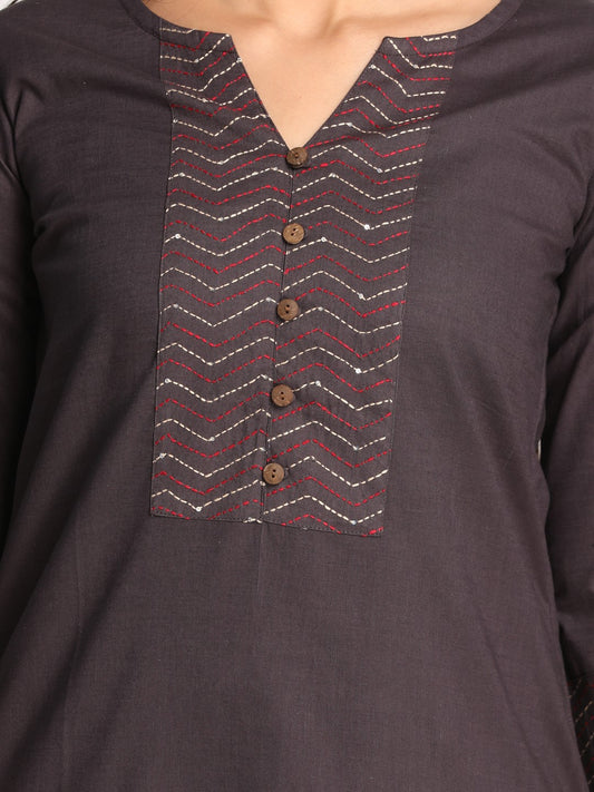 Grey Pure cotton Straight Kurta with Zig Zag Hand Embroidery