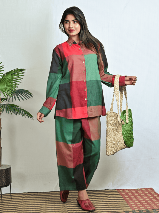 Red-Green Checks Handwoven Co-ord Set (set of 2)