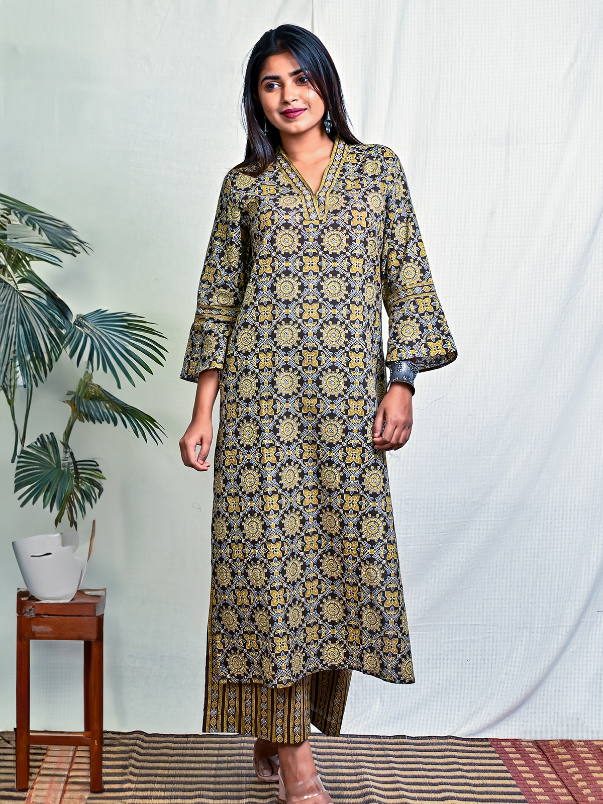 Mustard-Black Ajrakh Printed Cotton Kurta