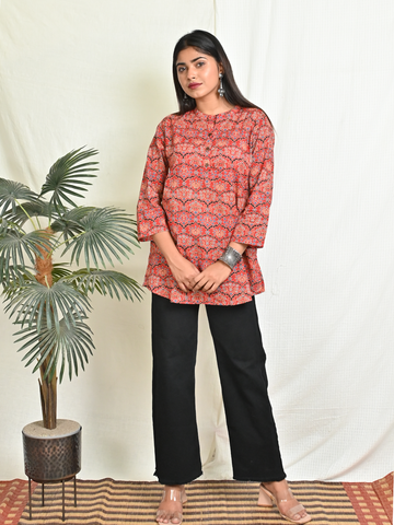 Red Ajrakh Printed Cotton  Top