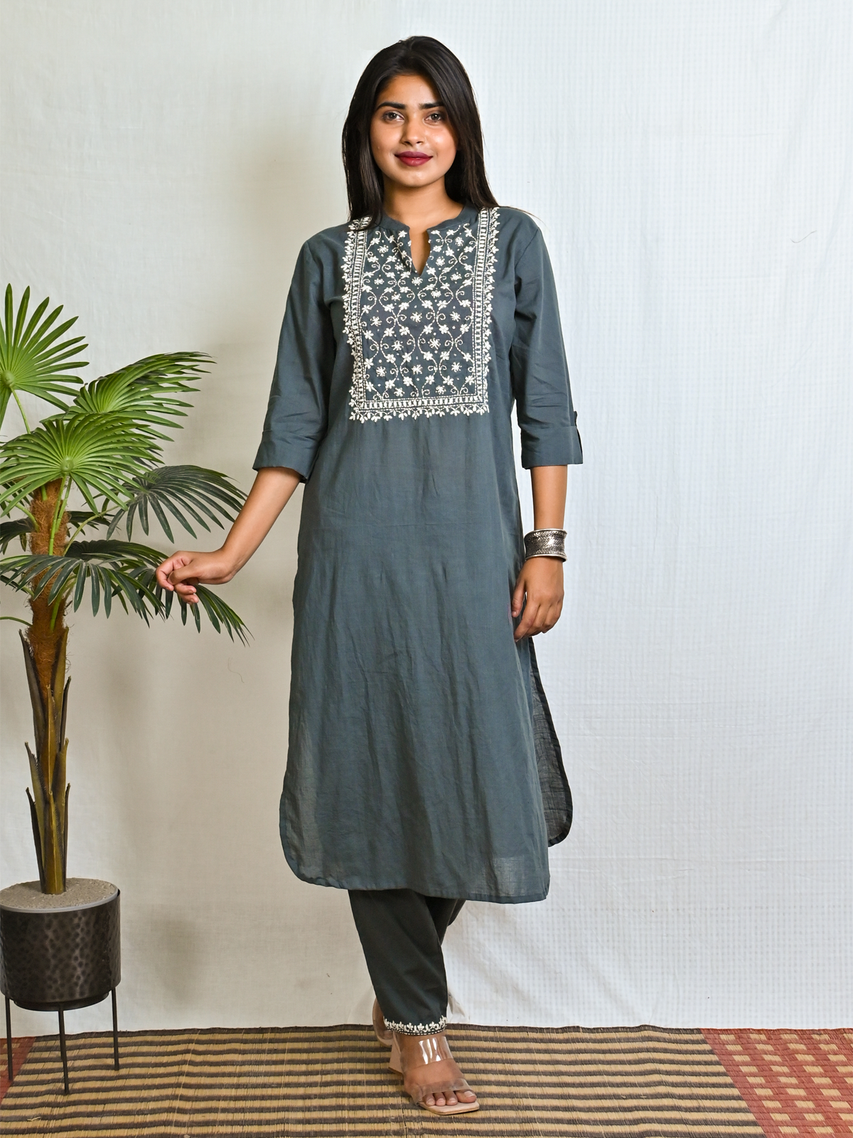 Charcoal Co-ord Set With Floral Kantha Hand Embroidery Detailing On Yoke