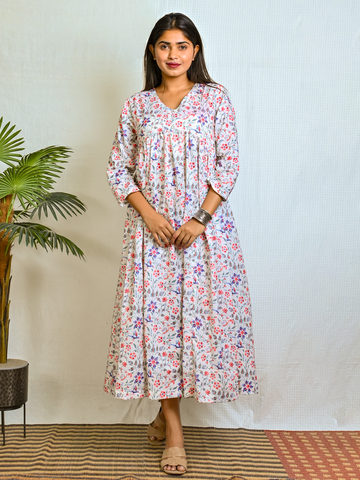 White Floral Printed Alia Cut Anarkali Kurta