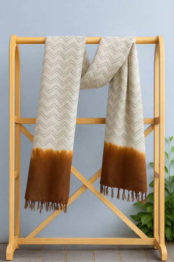 White and Brown Tassar Silk Stole with Kantha Hand Embroidery