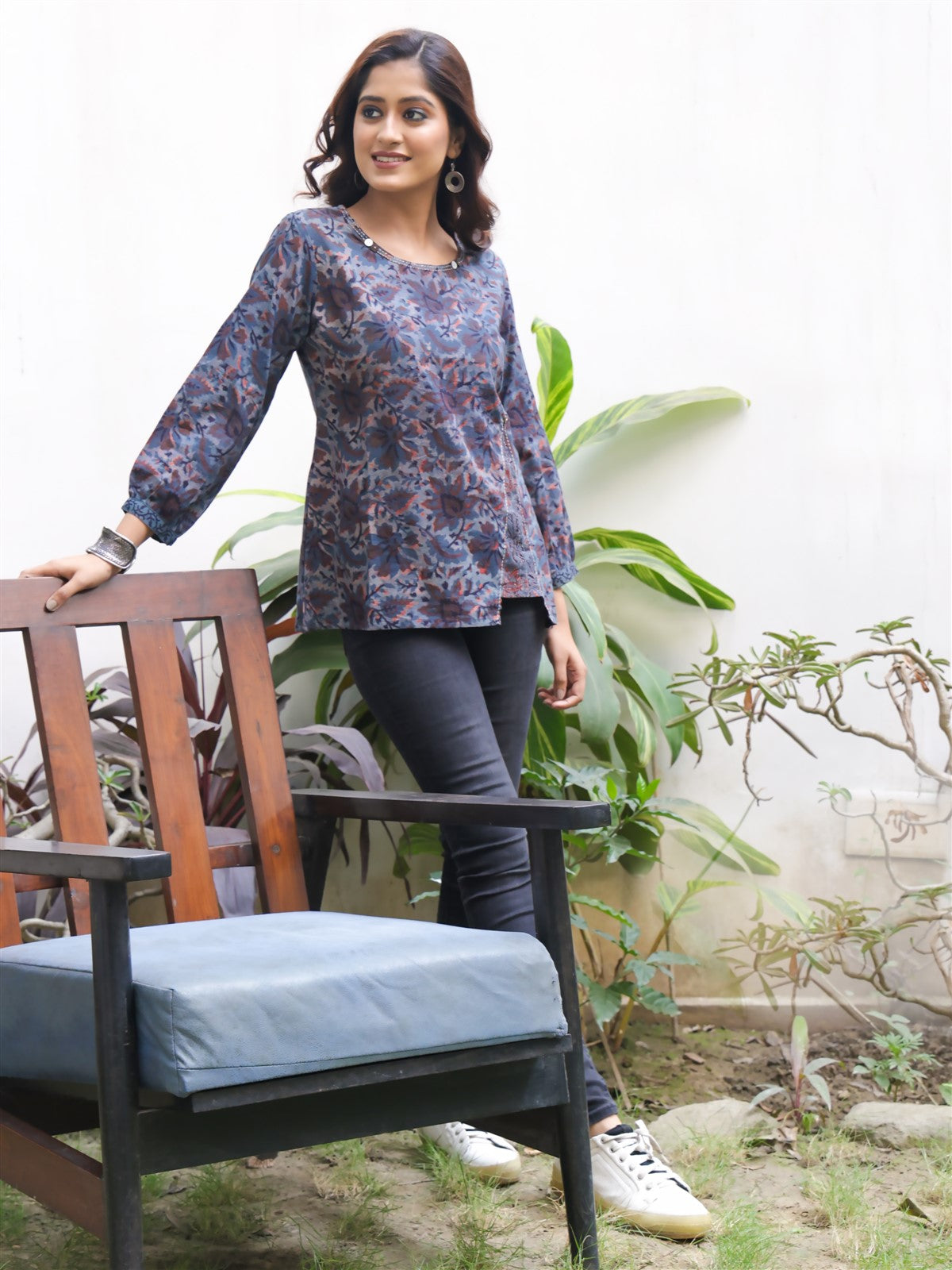 Blue Ajrakh Block Printed Kali Top With Kantha Hand Embroidery Detailing