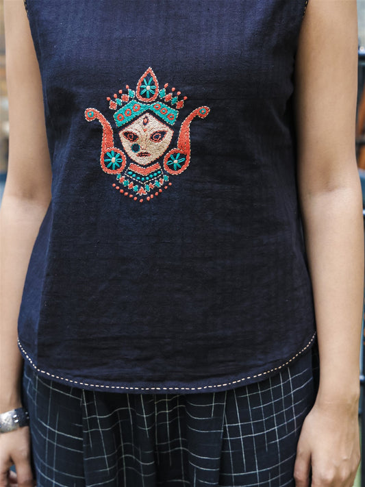 Black Khadi Top With Durga Hand Embroidery Detailing