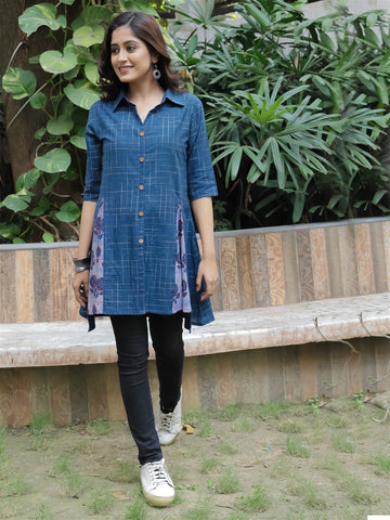 Blue Khadi Kali Front Open Tunic With Kantha Hand Embroidery Detailing