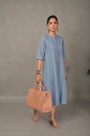 Blue Striped Handloom Cotton Front Open Dress
