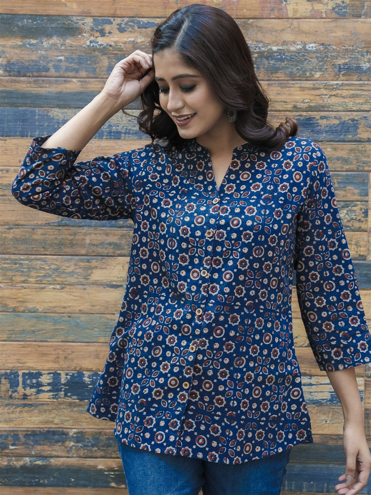 Indigo Ajrakh Block Printed Cotton Shirt Top