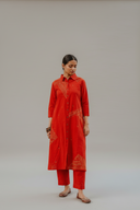 Brick Red Geometric Hand Embroidered Handloom Cotton Kurta Set (set of 2)